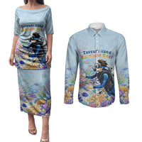Fiji Taveuni Rainbow Reef Couples Matching Puletasi and Long Sleeve Button Shirt Scuba Diver Vibrant Undersea Coral Garden Watercolor