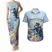 Fiji Taveuni Rainbow Reef Couples Matching Tank Maxi Dress and Hawaiian Shirt Scuba Diver Vibrant Undersea Coral Garden Watercolor