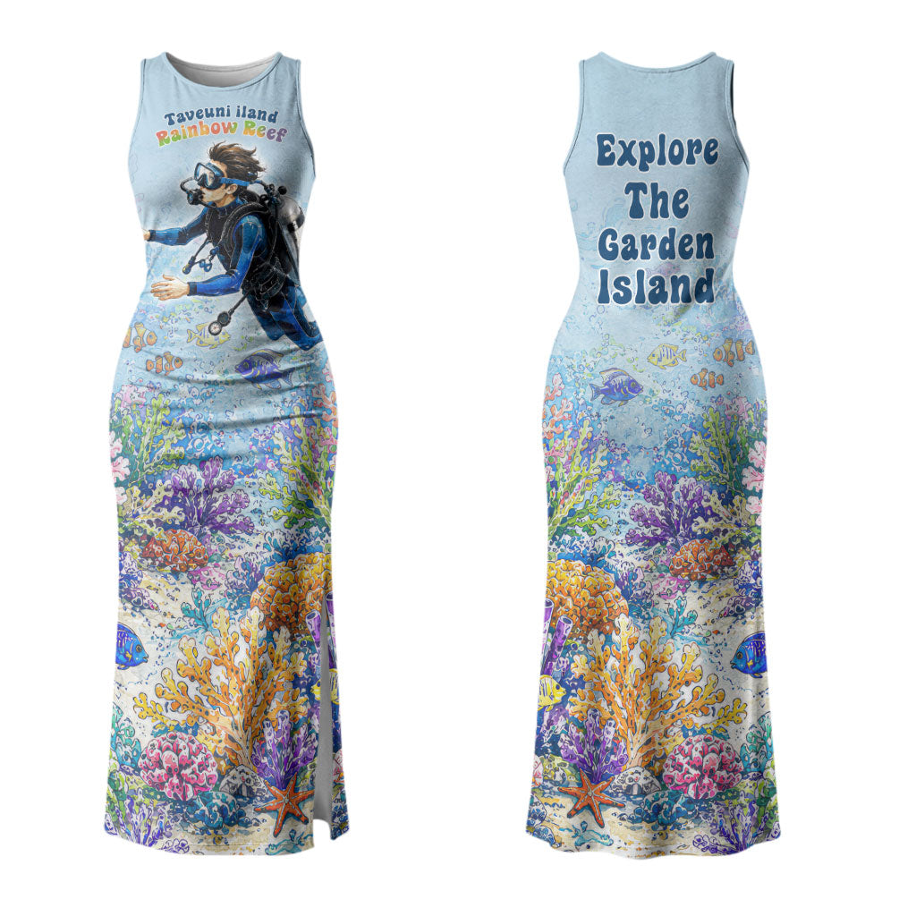 Fiji Taveuni Rainbow Reef Couples Matching Tank Maxi Dress and Long Sleeve Button Shirt Scuba Diver Vibrant Undersea Coral Garden Watercolor