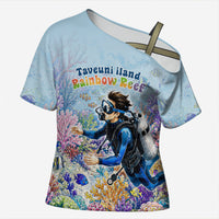 Fiji Taveuni Rainbow Reef Cross Shoulder Shirt Scuba Diver Vibrant Undersea Coral Garden Watercolor