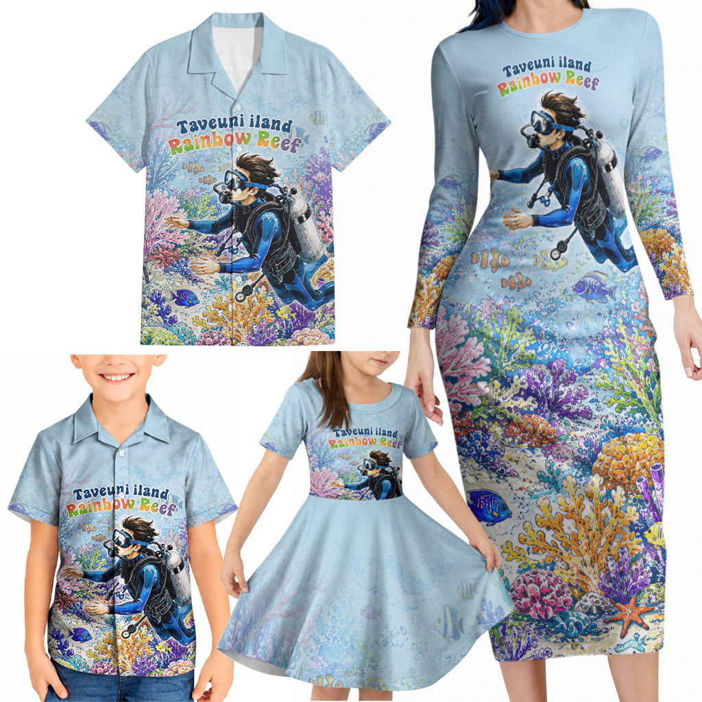 Fiji Taveuni Rainbow Reef Family Matching Long Sleeve Bodycon Dress and Hawaiian Shirt Scuba Diver Vibrant Undersea Coral Garden Watercolor TS04 - Polynesian Pride