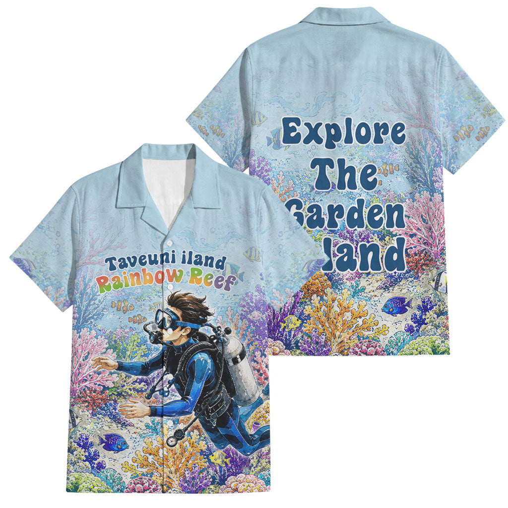 Fiji Taveuni Rainbow Reef Family Matching Long Sleeve Bodycon Dress and Hawaiian Shirt Scuba Diver Vibrant Undersea Coral Garden Watercolor