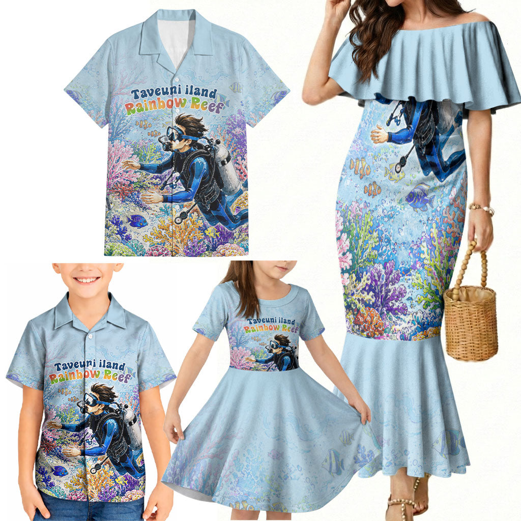 Fiji Taveuni Rainbow Reef Family Matching Mermaid Dress and Hawaiian Shirt Scuba Diver Vibrant Undersea Coral Garden Watercolor