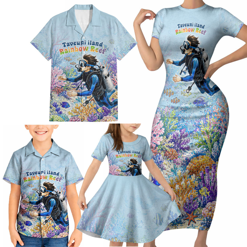 Fiji Taveuni Rainbow Reef Family Matching Short Sleeve Bodycon Dress and Hawaiian Shirt Scuba Diver Vibrant Undersea Coral Garden Watercolor TS04 - Polynesian Pride