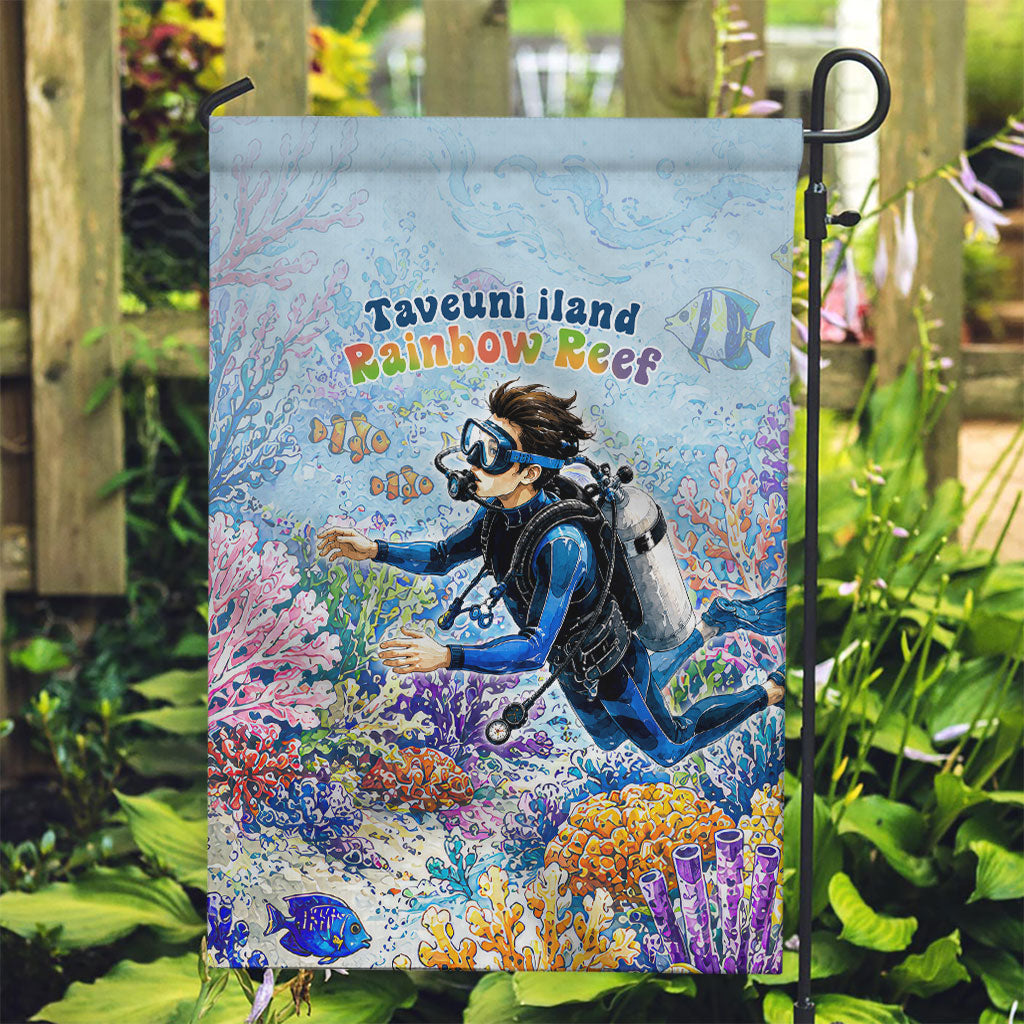 Fiji Taveuni Rainbow Reef Garden Flag Scuba Diver Vibrant Undersea Coral Garden Watercolor