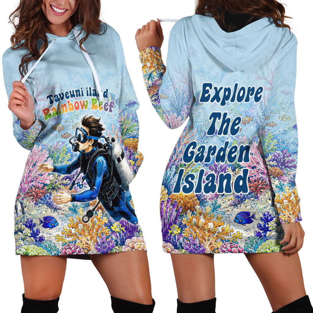 Fiji Taveuni Rainbow Reef Hoodie Dress Scuba Diver Vibrant Undersea Coral Garden Watercolor
