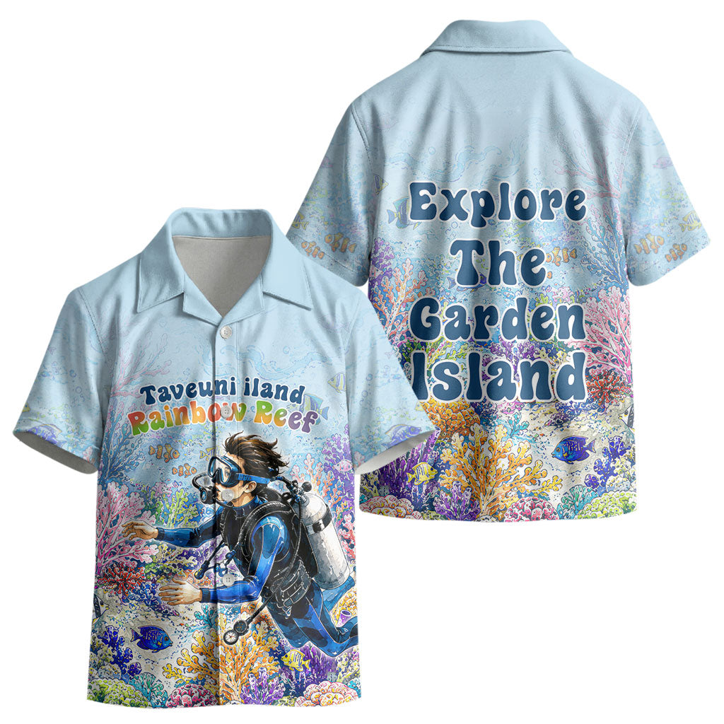 Fiji Taveuni Rainbow Reef Kid Hawaiian Shirt Scuba Diver Vibrant Undersea Coral Garden Watercolor