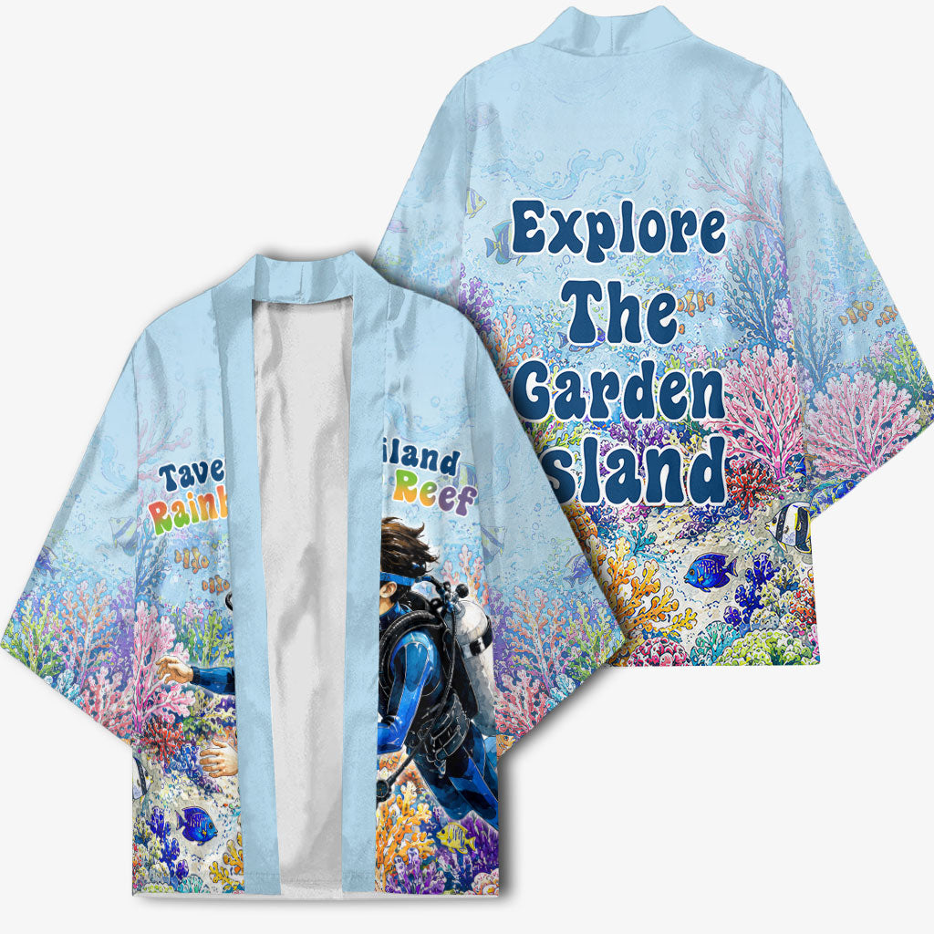 Fiji Taveuni Rainbow Reef Kimono Scuba Diver Vibrant Undersea Coral Garden Watercolor