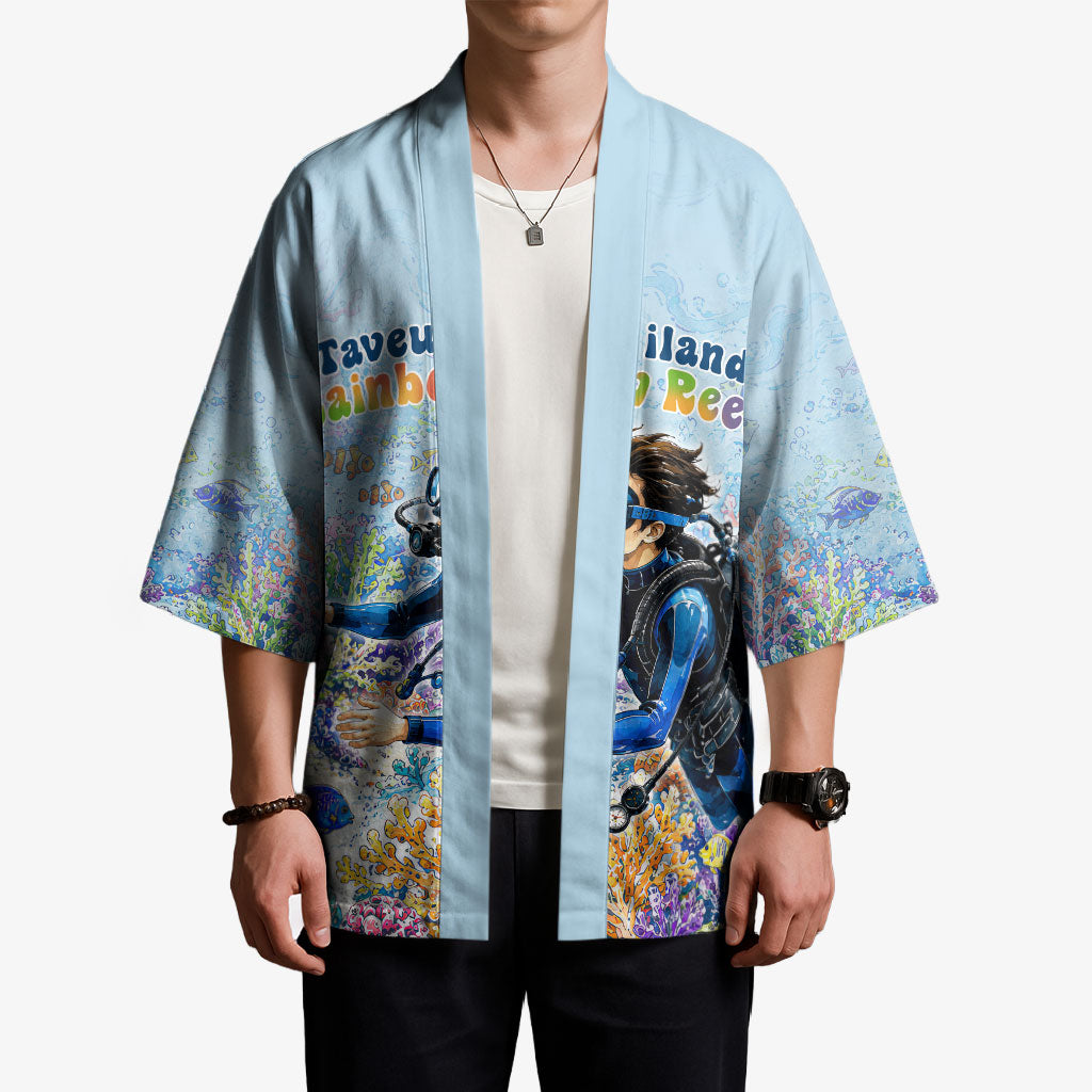 Fiji Taveuni Rainbow Reef Kimono Scuba Diver Vibrant Undersea Coral Garden Watercolor