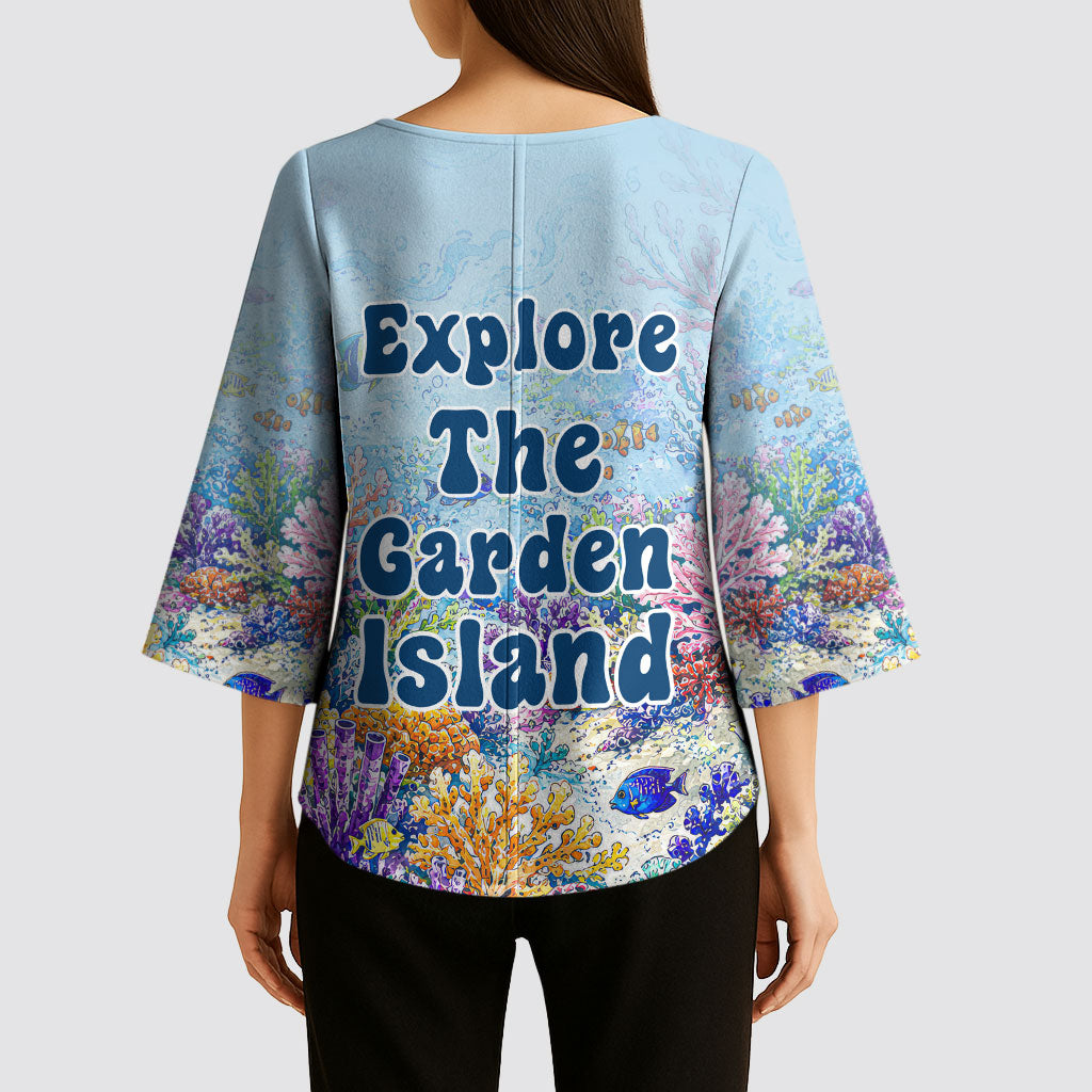 Fiji Taveuni Rainbow Reef Kimono Sleeve Blouse Scuba Diver Vibrant Undersea Coral Garden Watercolor