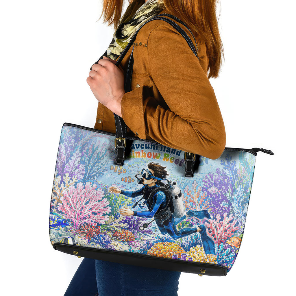 Fiji Taveuni Rainbow Reef Leather Tote Bag Scuba Diver Vibrant Undersea Coral Garden Watercolor