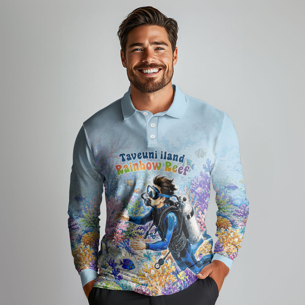 Fiji Taveuni Rainbow Reef Long Sleeve Polo Shirt Scuba Diver Vibrant Undersea Coral Garden Watercolor