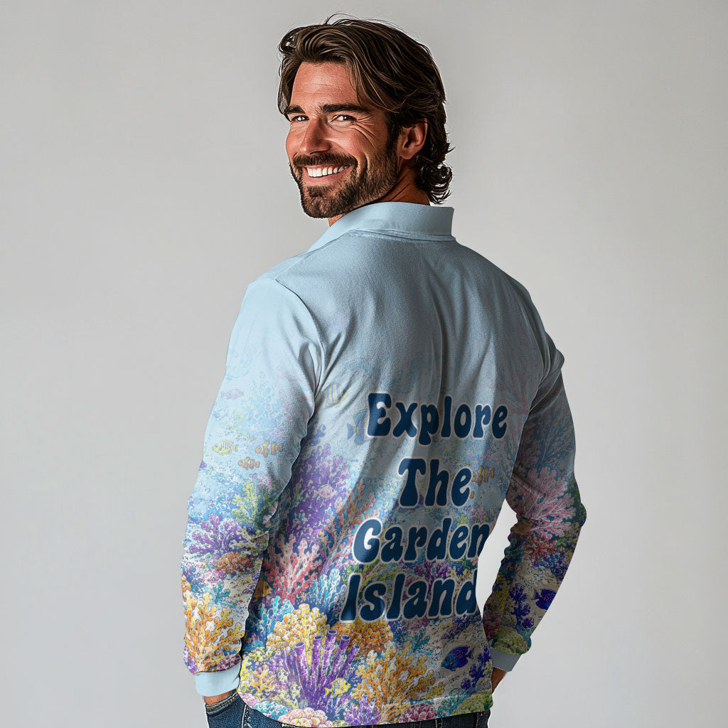 Fiji Taveuni Rainbow Reef Long Sleeve Polo Shirt Scuba Diver Vibrant Undersea Coral Garden Watercolor
