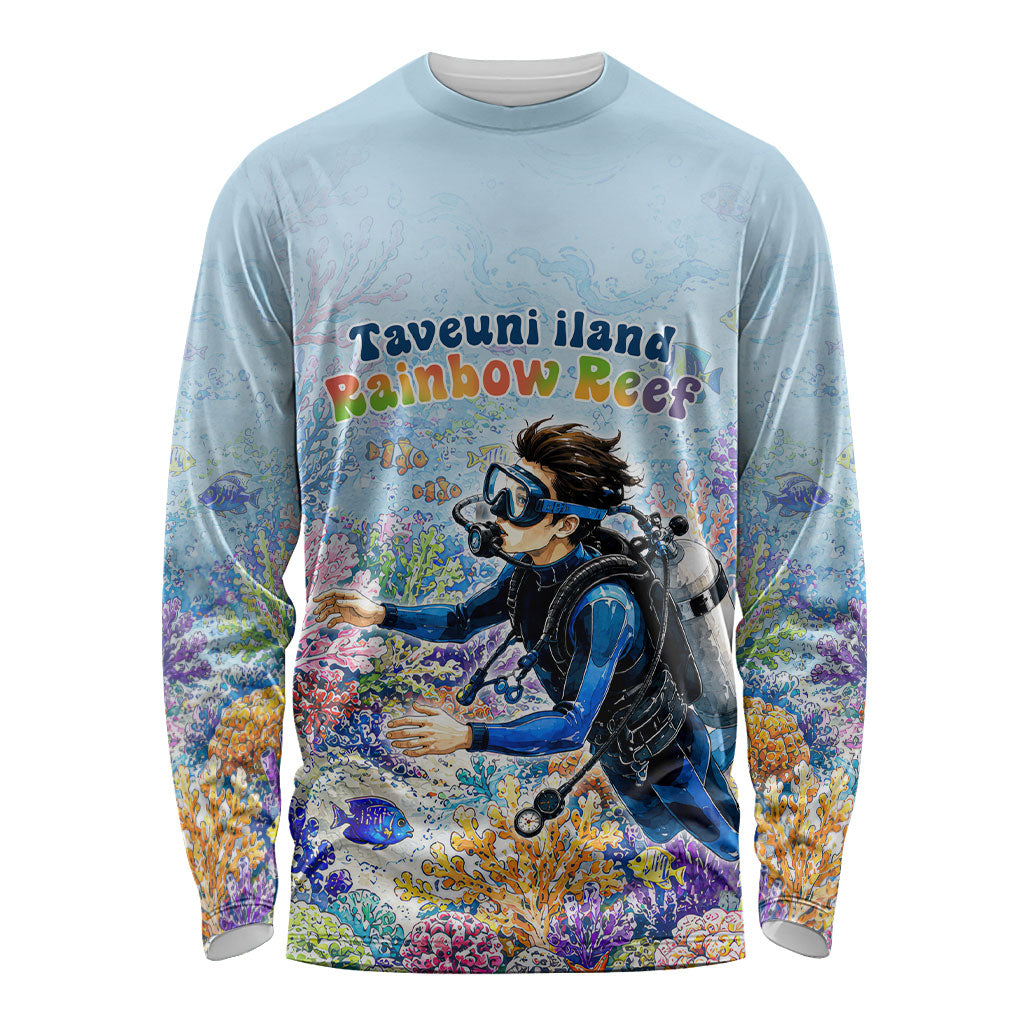 Fiji Taveuni Rainbow Reef Long Sleeve Shirt Scuba Diver Vibrant Undersea Coral Garden Watercolor