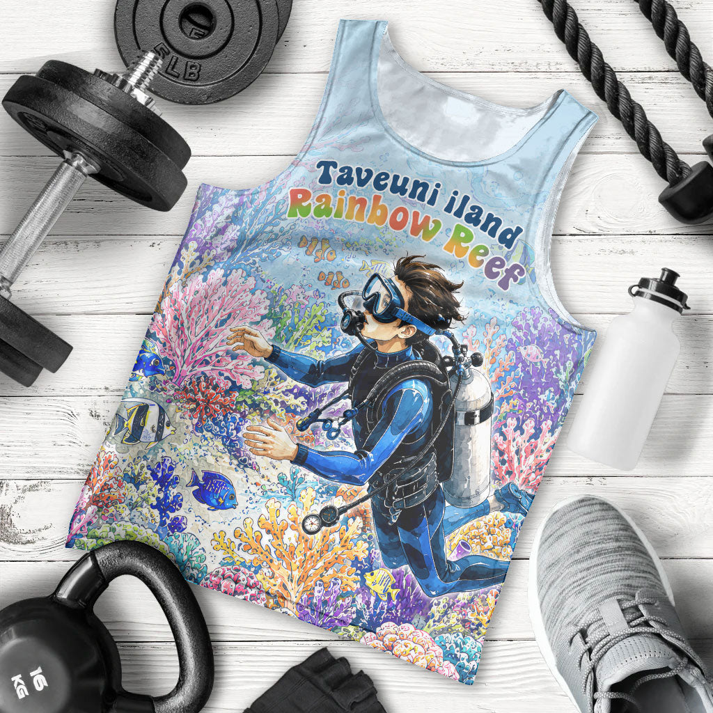 Fiji Taveuni Rainbow Reef Men Tank Top Scuba Diver Vibrant Undersea Coral Garden Watercolor
