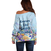 Fiji Taveuni Rainbow Reef Off Shoulder Sweater Scuba Diver Vibrant Undersea Coral Garden Watercolor