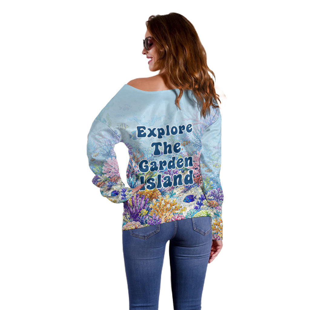 Fiji Taveuni Rainbow Reef Off Shoulder Sweater Scuba Diver Vibrant Undersea Coral Garden Watercolor