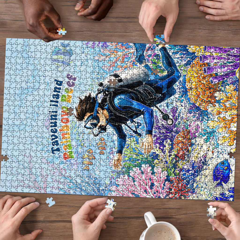 Fiji Taveuni Rainbow Reef Puzzle Scuba Diver Vibrant Undersea Coral Garden Watercolor