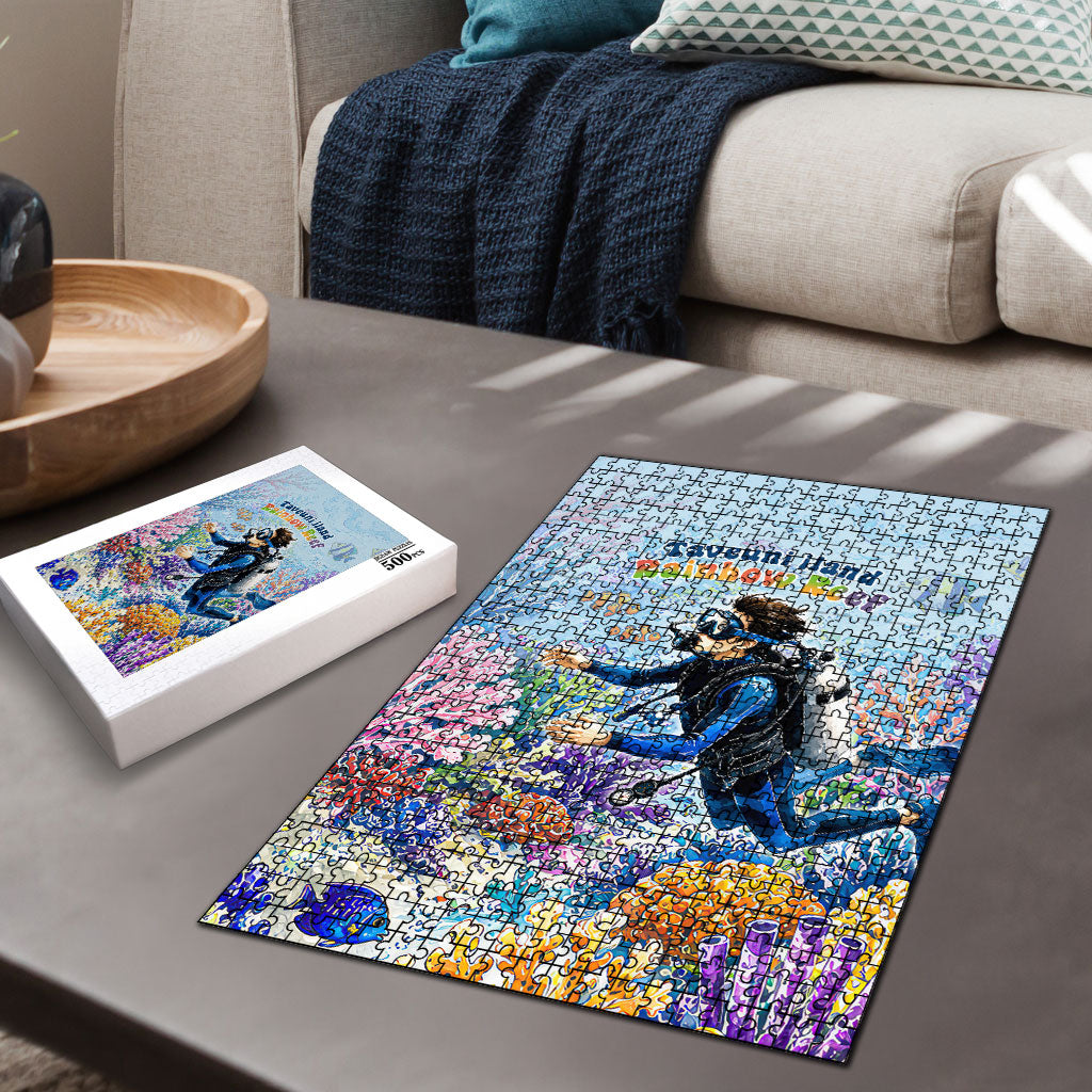 Fiji Taveuni Rainbow Reef Puzzle Scuba Diver Vibrant Undersea Coral Garden Watercolor