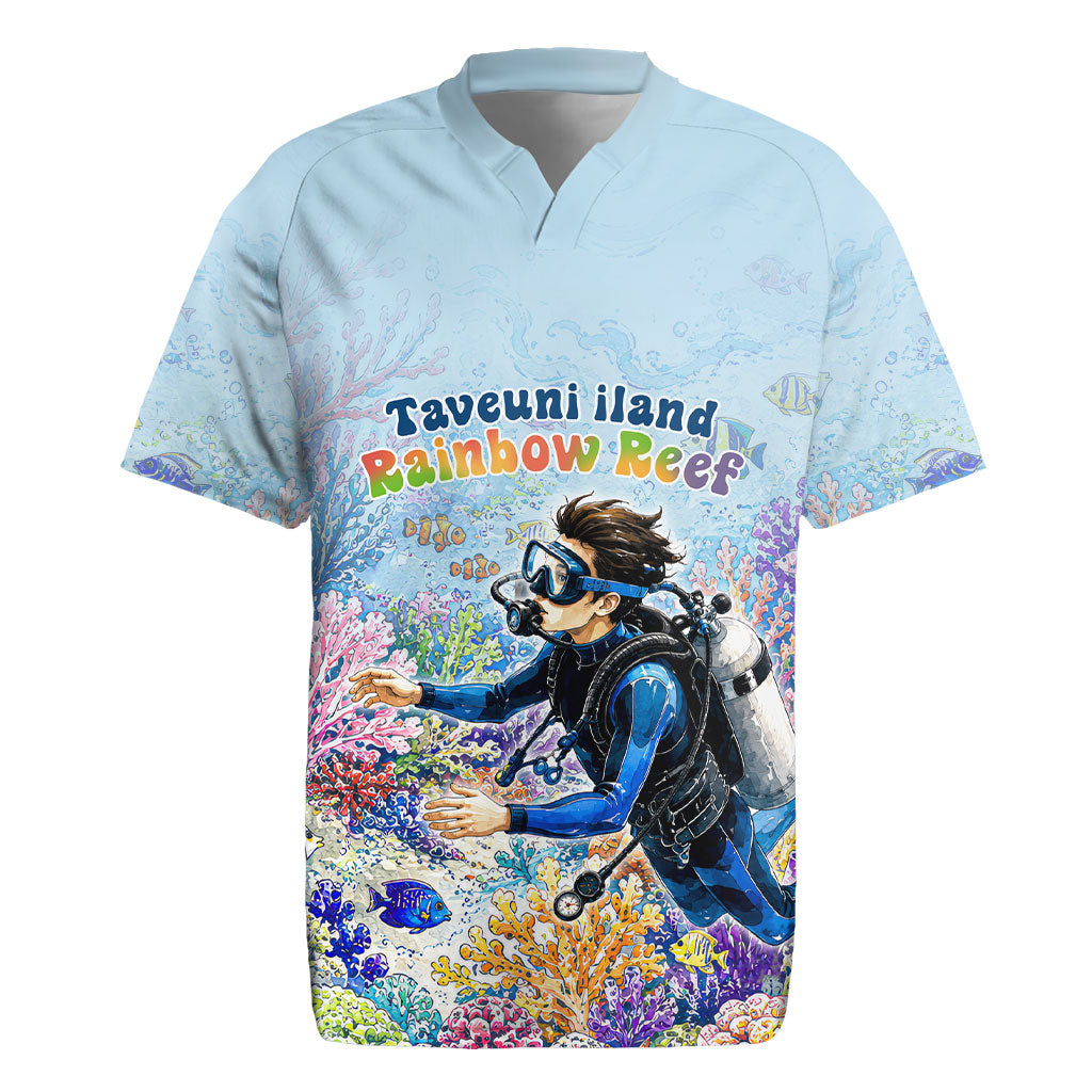 Fiji Taveuni Rainbow Reef Rugby Jersey Scuba Diver Vibrant Undersea Coral Garden Watercolor
