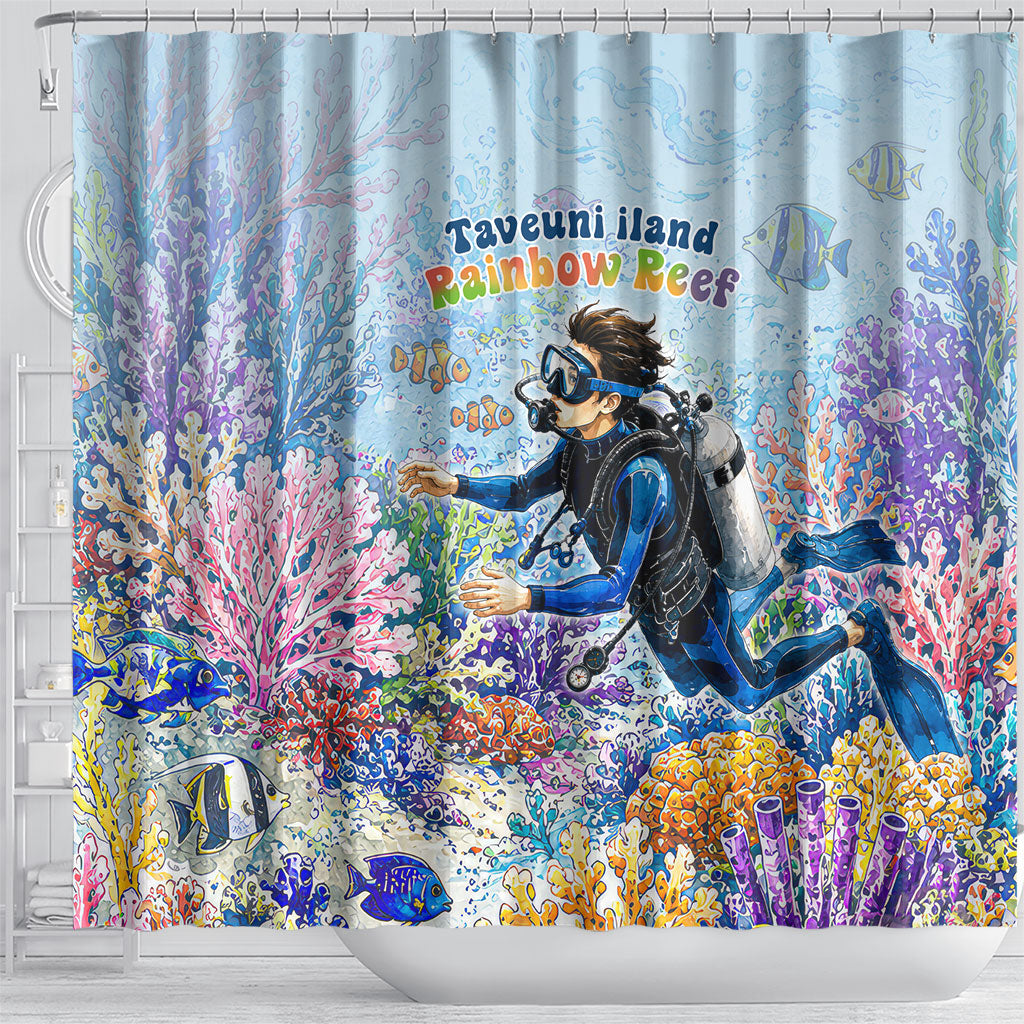 Fiji Taveuni Rainbow Reef Shower Curtain Scuba Diver Vibrant Undersea Coral Garden Watercolor