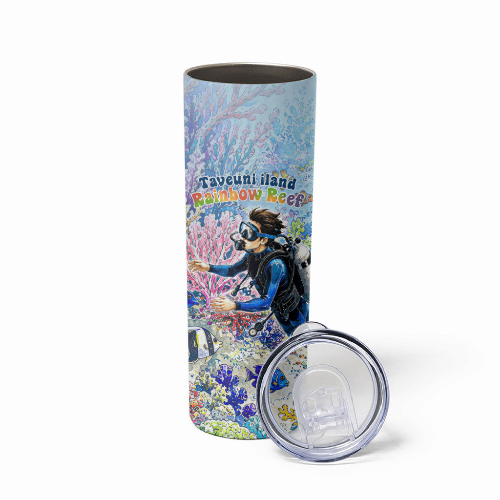Fiji Taveuni Rainbow Reef Skinny Tumbler Scuba Diver Vibrant Undersea Coral Garden Watercolor
