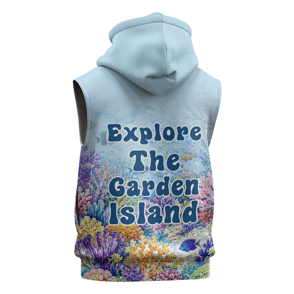Fiji Taveuni Rainbow Reef Sleeveless Hoodie Scuba Diver Vibrant Undersea Coral Garden Watercolor