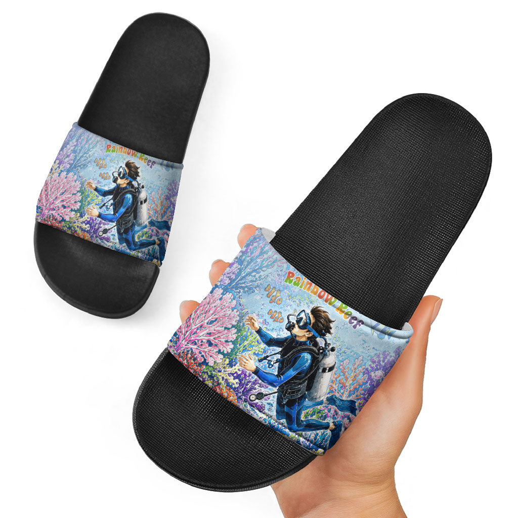 Fiji Taveuni Rainbow Reef Slide Sandals Scuba Diver Vibrant Undersea Coral Garden Watercolor