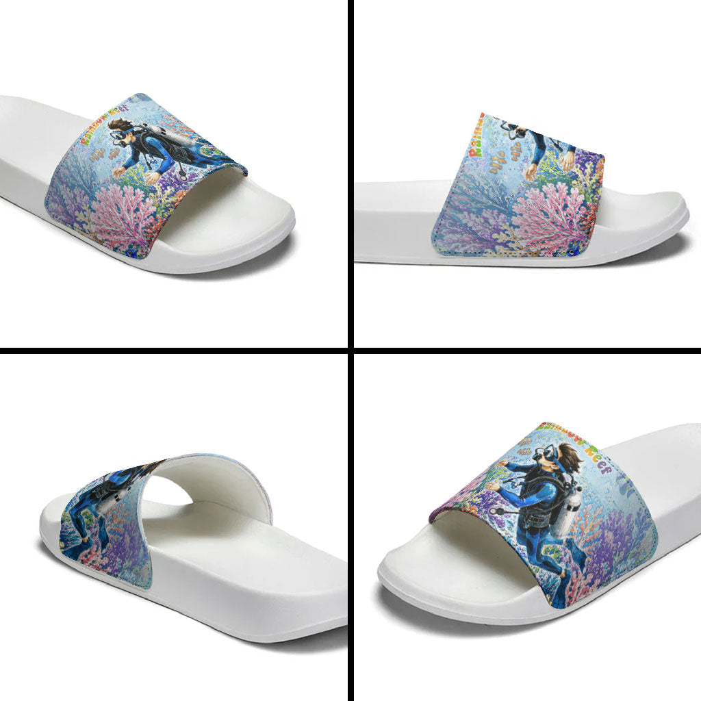 Fiji Taveuni Rainbow Reef Slide Sandals Scuba Diver Vibrant Undersea Coral Garden Watercolor