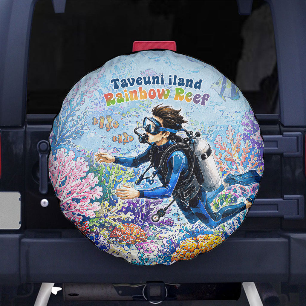Fiji Taveuni Rainbow Reef Spare Tire Cover Scuba Diver Vibrant Undersea Coral Garden Watercolor