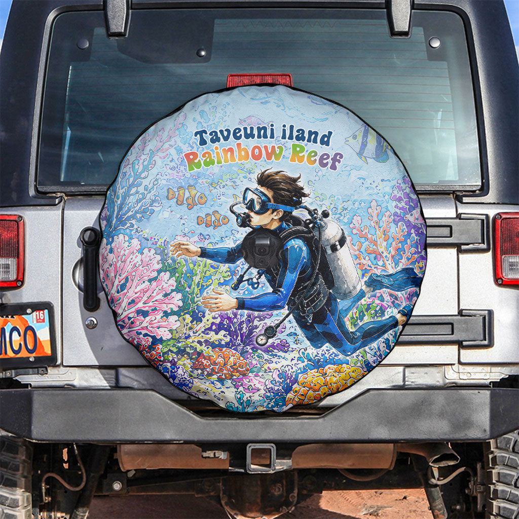 Fiji Taveuni Rainbow Reef Spare Tire Cover Scuba Diver Vibrant Undersea Coral Garden Watercolor