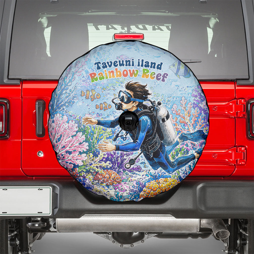 Fiji Taveuni Rainbow Reef Spare Tire Cover Scuba Diver Vibrant Undersea Coral Garden Watercolor