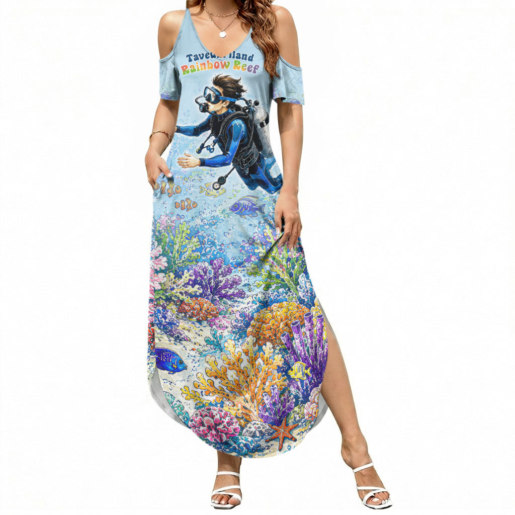 Fiji Taveuni Rainbow Reef Summer Maxi Dress Scuba Diver Vibrant Undersea Coral Garden Watercolor