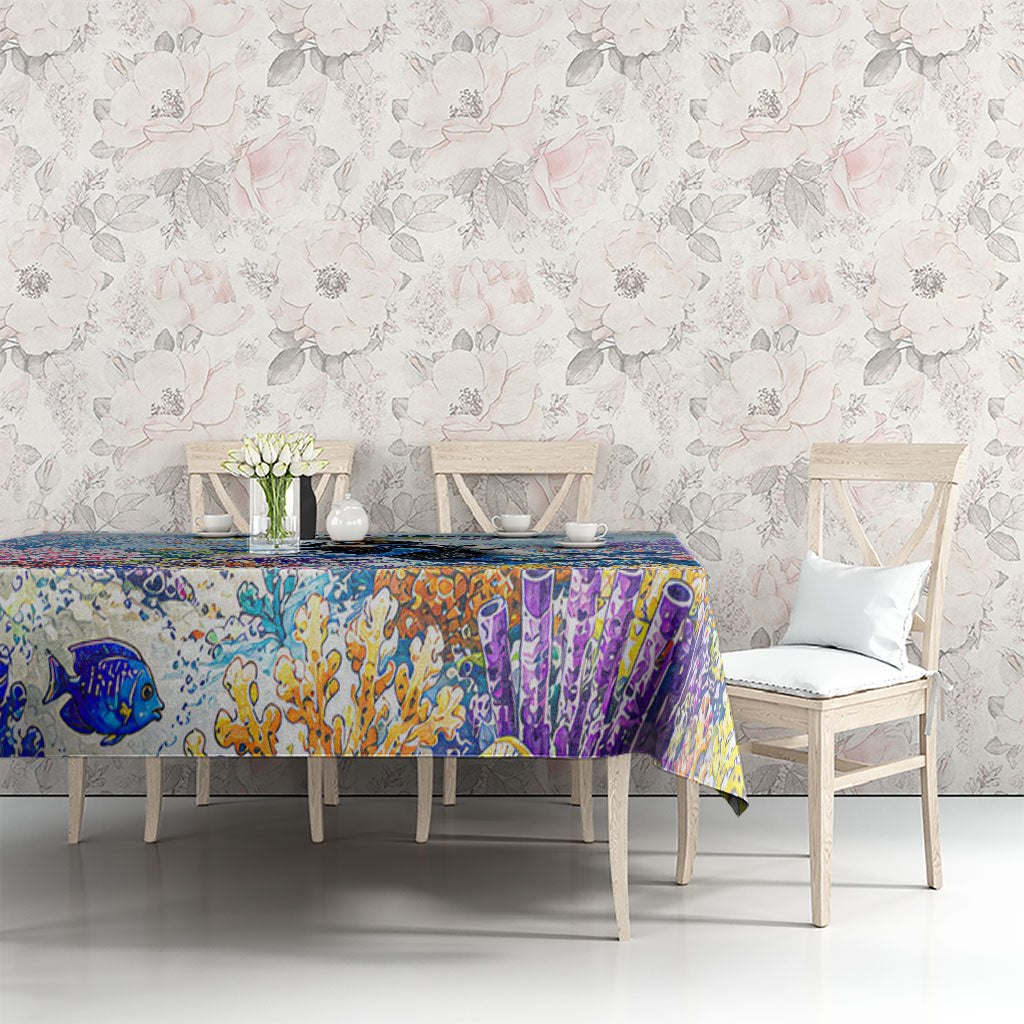 Fiji Taveuni Rainbow Reef Tablecloth Scuba Diver Vibrant Undersea Coral Garden Watercolor