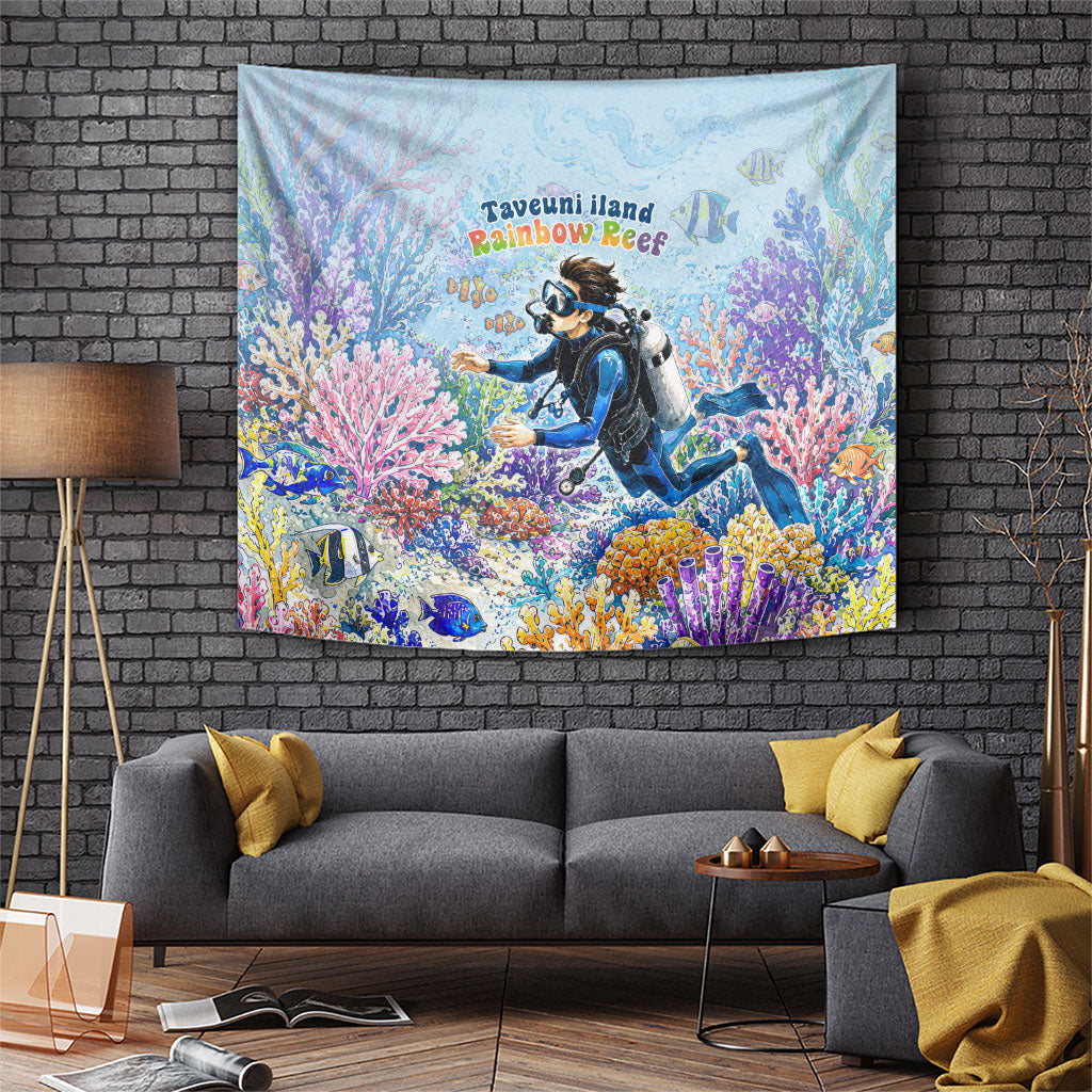 Fiji Taveuni Rainbow Reef Tapestry Scuba Diver Vibrant Undersea Coral Garden Watercolor