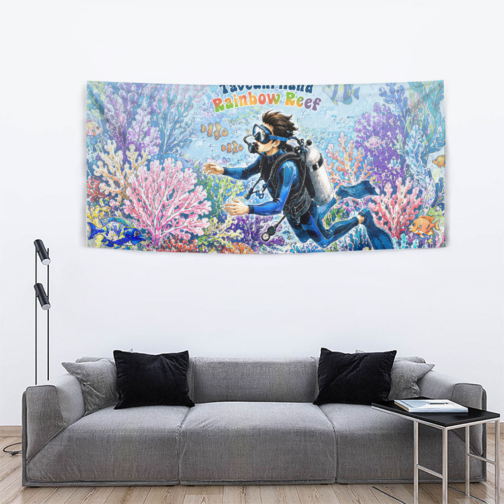 Fiji Taveuni Rainbow Reef Tapestry Scuba Diver Vibrant Undersea Coral Garden Watercolor