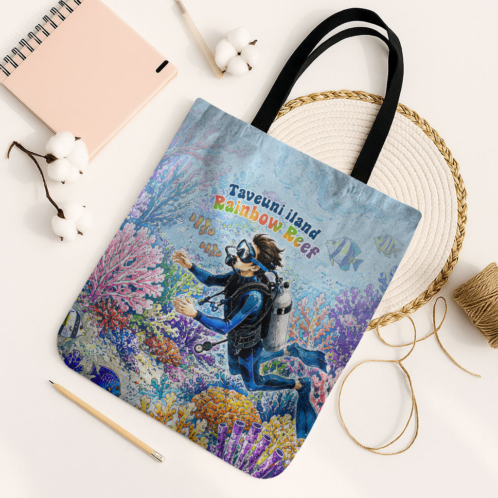 Fiji Taveuni Rainbow Reef Tote Bag Scuba Diver Vibrant Undersea Coral Garden Watercolor