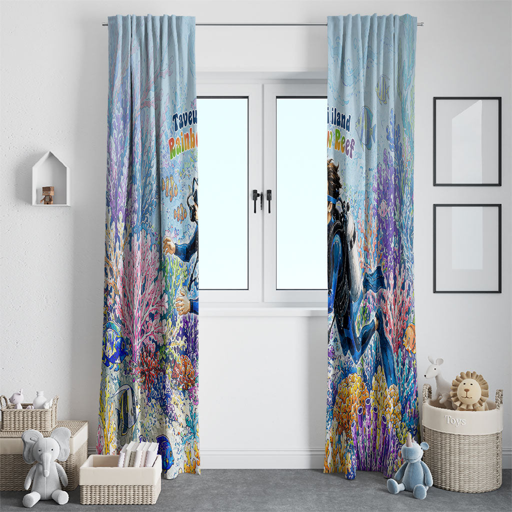Fiji Taveuni Rainbow Reef Window Curtain Scuba Diver Vibrant Undersea Coral Garden Watercolor