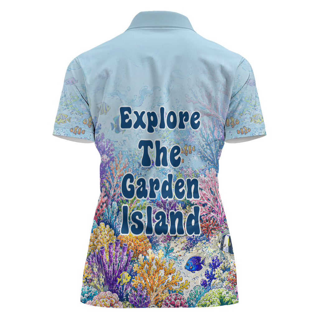 Fiji Taveuni Rainbow Reef Women Polo Shirt Scuba Diver Vibrant Undersea Coral Garden Watercolor