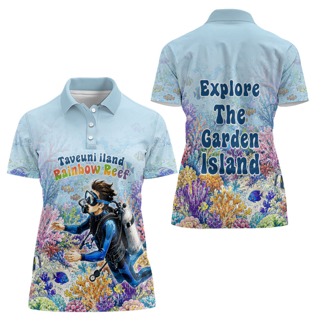 Fiji Taveuni Rainbow Reef Women Polo Shirt Scuba Diver Vibrant Undersea Coral Garden Watercolor