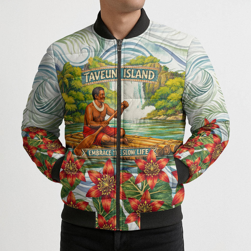 Fiji Taveuni Island Dateline Crossing Bomber Puffer Jacket Tropical Cultural Landscape With Tagimoucia Floral Pattern