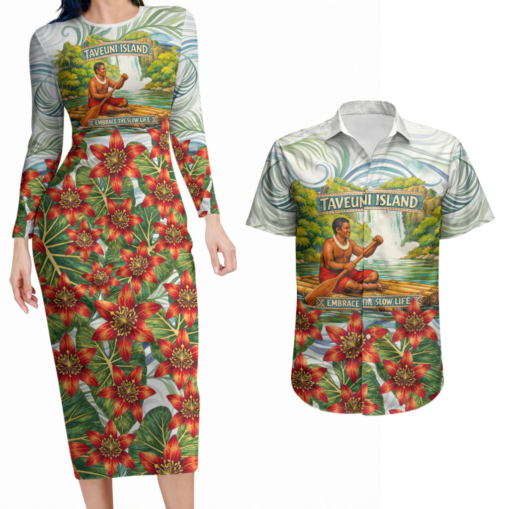 Fiji Taveuni Island Dateline Crossing Couples Matching Long Sleeve Bodycon Dress and Hawaiian Shirt Tropical Cultural Landscape With Tagimoucia Floral Pattern