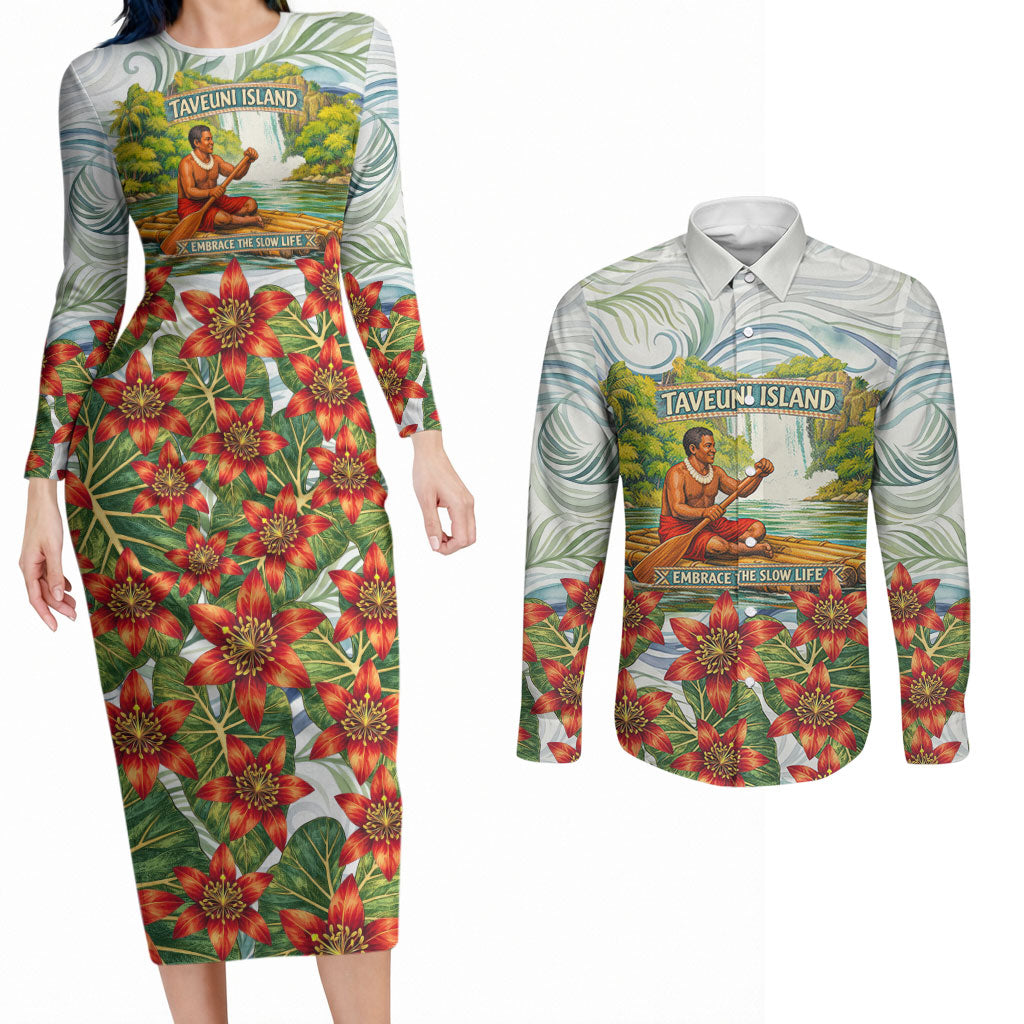 Fiji Taveuni Island Dateline Crossing Couples Matching Long Sleeve Bodycon Dress and Long Sleeve Button Shirt Tropical Cultural Landscape With Tagimoucia Floral Pattern TS04 White Green - Polynesian Pride