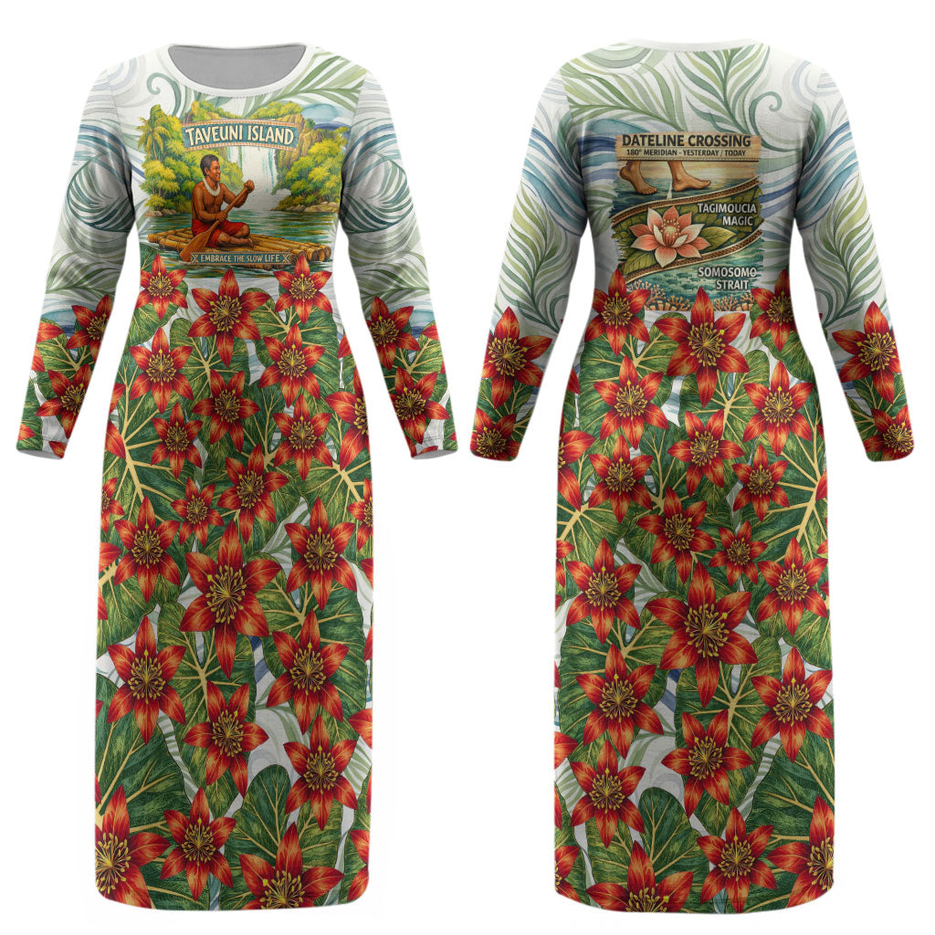 Fiji Taveuni Island Dateline Crossing Couples Matching Long Sleeve Bodycon Dress and Long Sleeve Button Shirt Tropical Cultural Landscape With Tagimoucia Floral Pattern