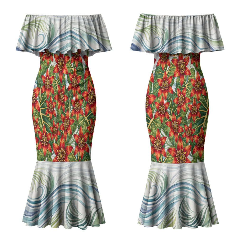 Fiji Taveuni Island Dateline Crossing Couples Matching Mermaid Dress and Long Sleeve Button Shirt Tropical Cultural Landscape With Tagimoucia Floral Pattern