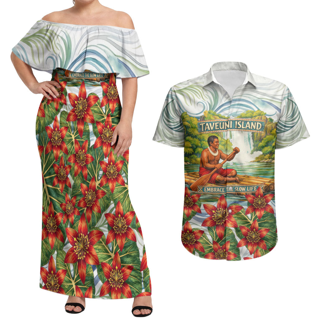 Fiji Taveuni Island Dateline Crossing Couples Matching Off Shoulder Maxi Dress and Hawaiian Shirt Tropical Cultural Landscape With Tagimoucia Floral Pattern