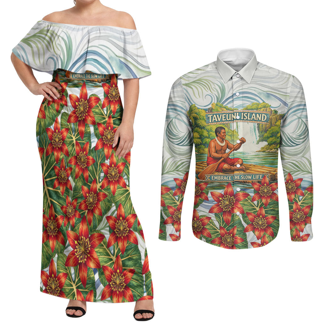 Fiji Taveuni Island Dateline Crossing Couples Matching Off Shoulder Maxi Dress and Long Sleeve Button Shirt Tropical Cultural Landscape With Tagimoucia Floral Pattern