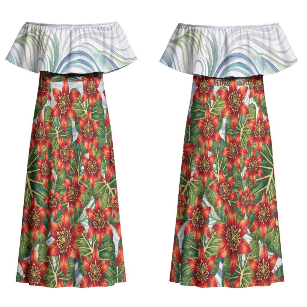 Fiji Taveuni Island Dateline Crossing Couples Matching Off Shoulder Maxi Dress and Long Sleeve Button Shirt Tropical Cultural Landscape With Tagimoucia Floral Pattern