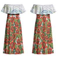 Fiji Taveuni Island Dateline Crossing Couples Matching Off Shoulder Maxi Dress and Long Sleeve Button Shirt Tropical Cultural Landscape With Tagimoucia Floral Pattern