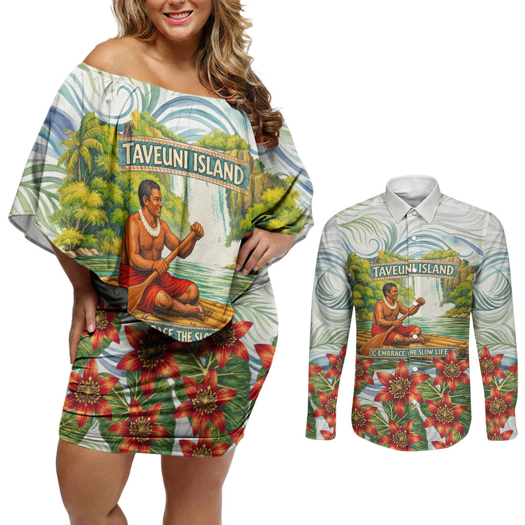 Fiji Taveuni Island Dateline Crossing Couples Matching Off Shoulder Short Dress and Long Sleeve Button Shirt Tropical Cultural Landscape With Tagimoucia Floral Pattern